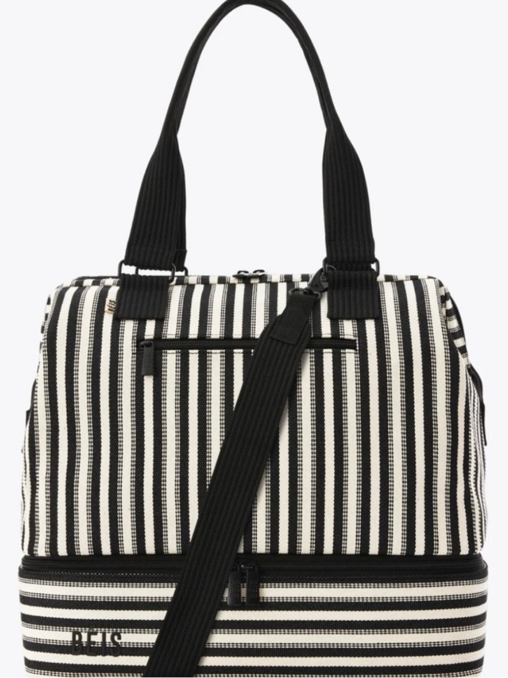 Black and White Striped Beis Weekender Bag